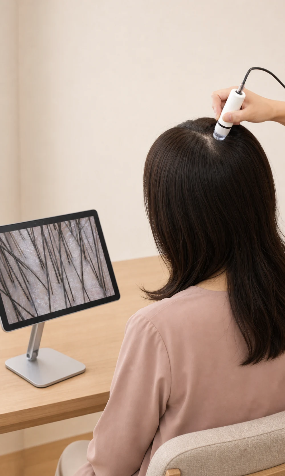 タブレットを見ながらマイクロスコープで頭皮を確認する女性