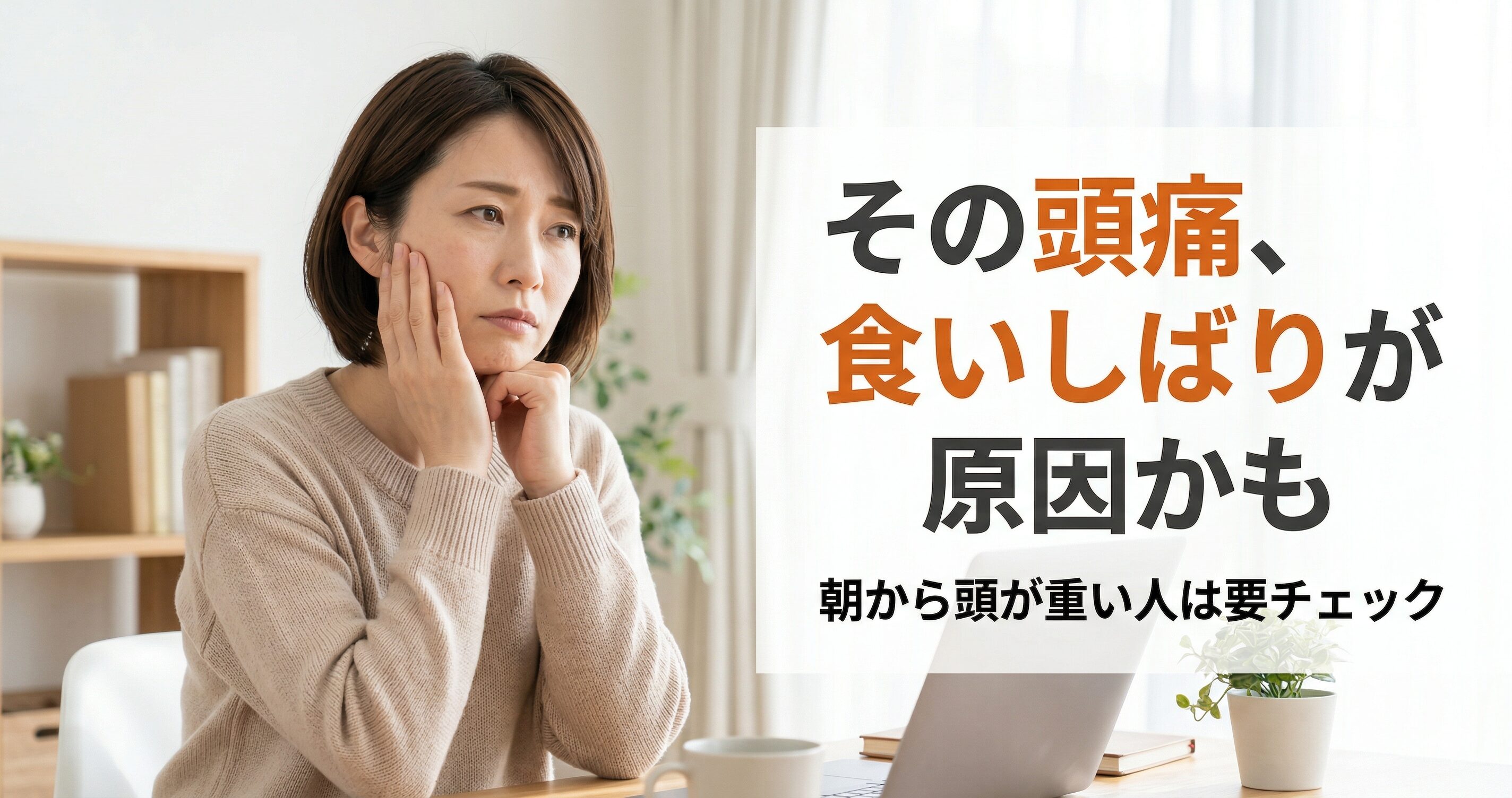 顎に手を当てて困った表情の女性｜食いしばりと頭痛・自律神経の関係