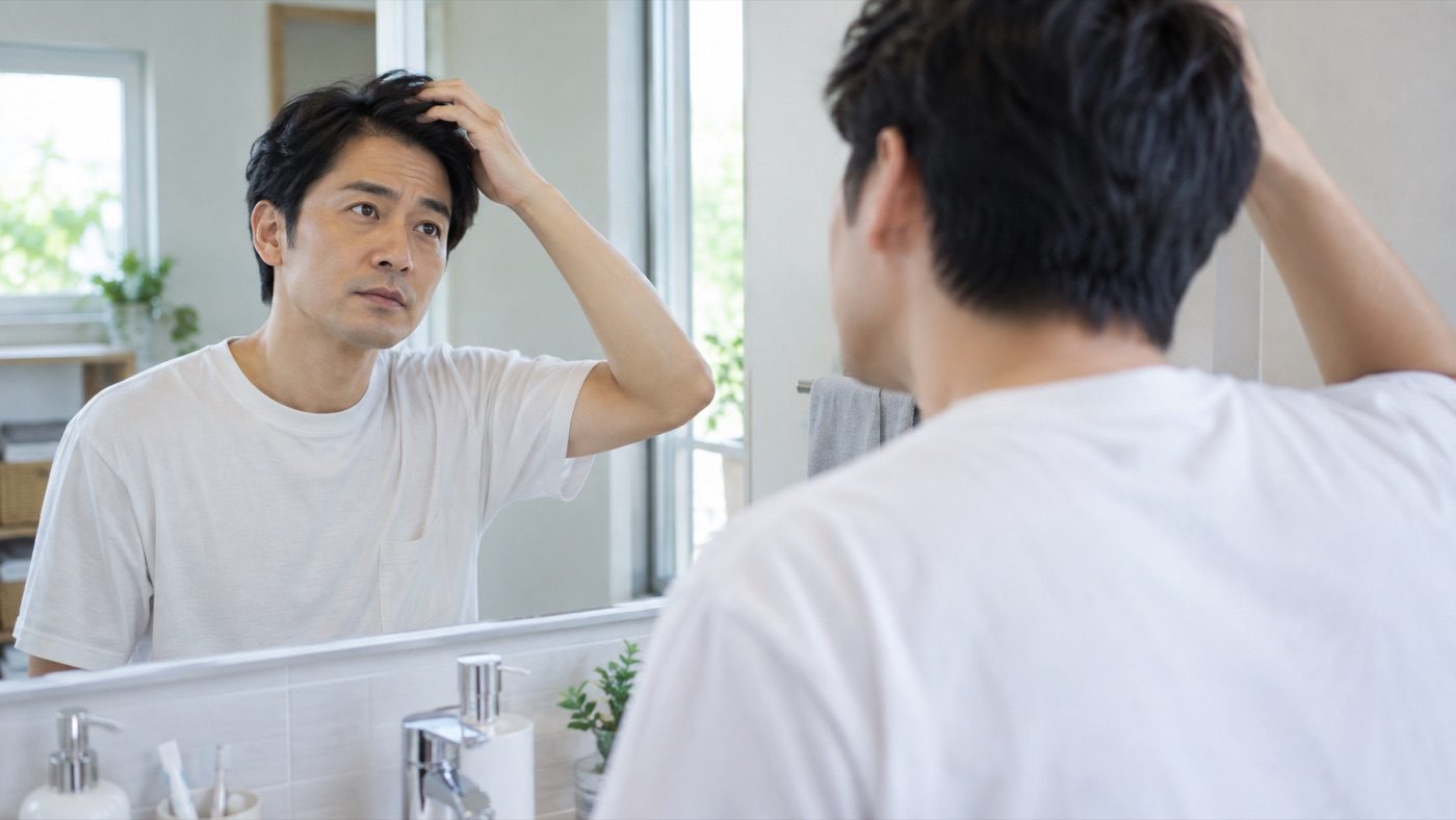 洗面所で髪を気にする男性