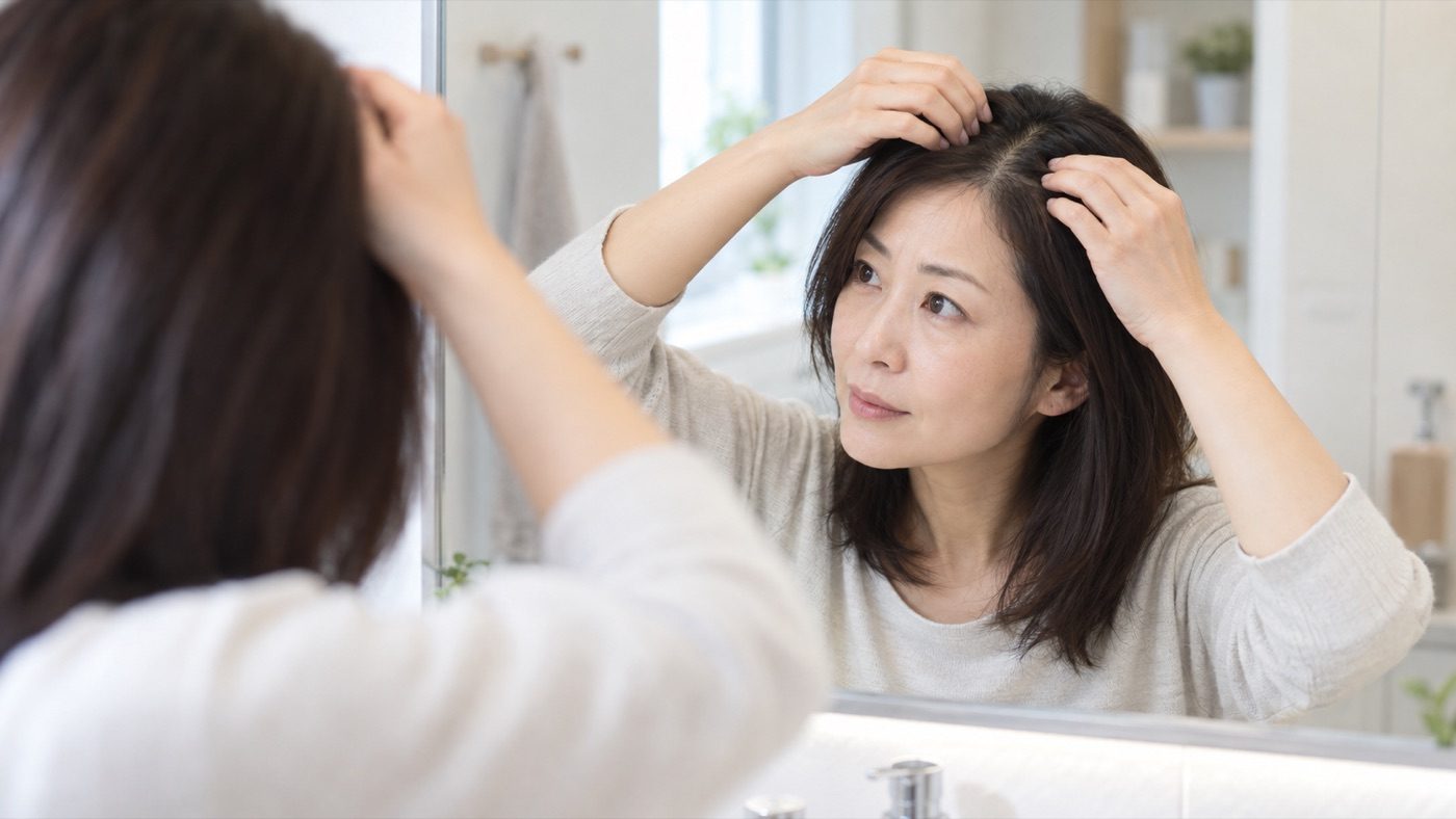 鏡の前で髪の分け目を気にする女性